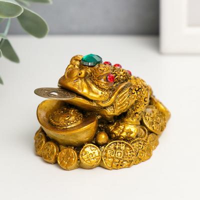 Нэцкэ фигурка «Жаба на монетах с чашей», полистоун под бронзу, 7×6×5 см