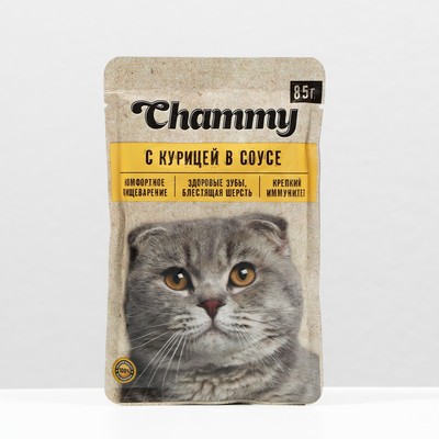 Влажный корм Chammy для кошек, курица, кусочки в соусе, пауч, 85 г - Фото 1