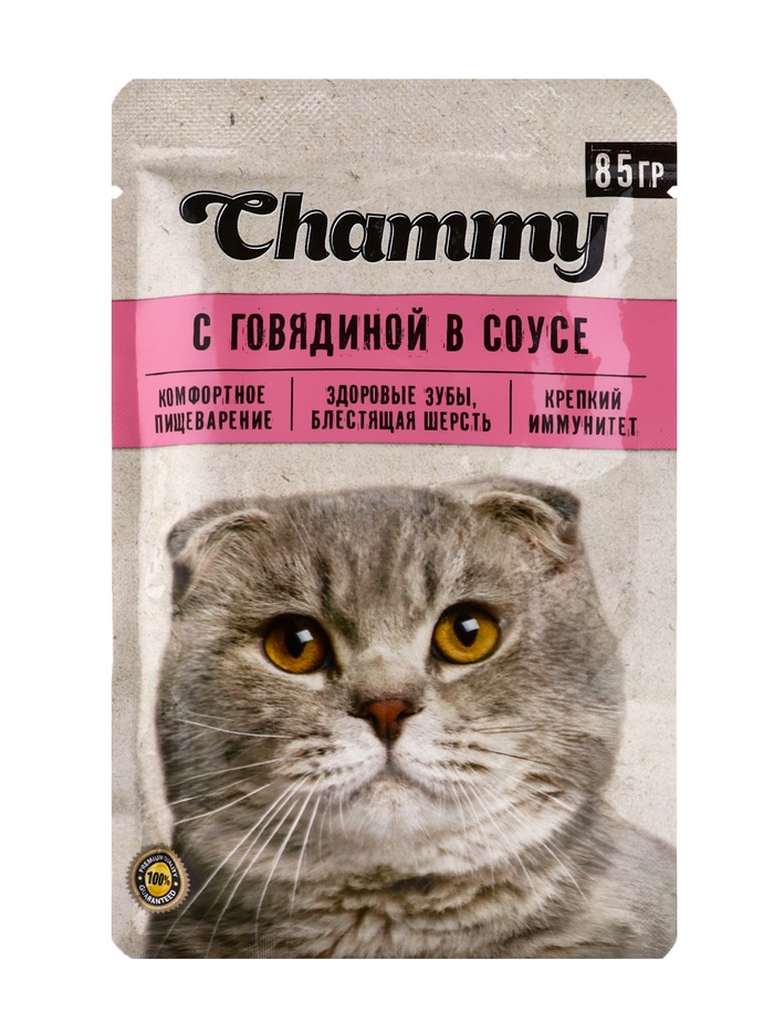 Влажный корм Chammy для кошек, говядина, кусочки в соусе, пауч, 85 г - Фото 1