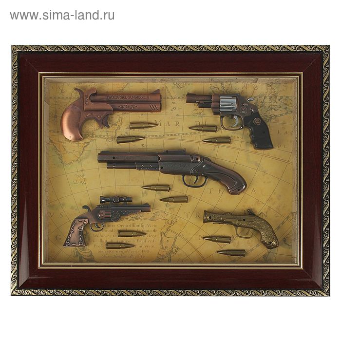 Сувенирное изделие в раме, багет золото, набор пистолетов и пуль 5шт 40х50 см - Фото 1