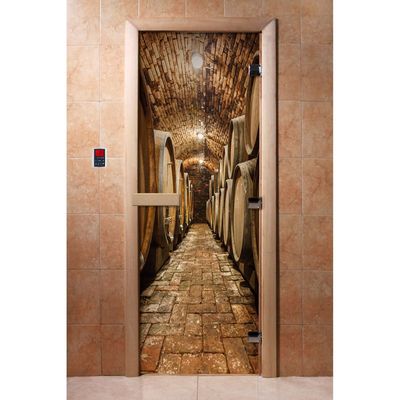 Дверь для бани и сауны «Винокурня», коробка 190×70 см, стеклянная, правая, с фотопечатью