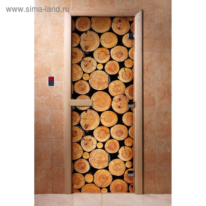 Дверь для бани и сауны «Брёвна», коробка 190×70 см, стеклянная, правая, с фотопечатью - Фото 1