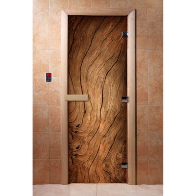 Дверь для бани и сауны «Тёмное дерево», коробка 190×70 см, стеклянная, правая, с фотопечатью