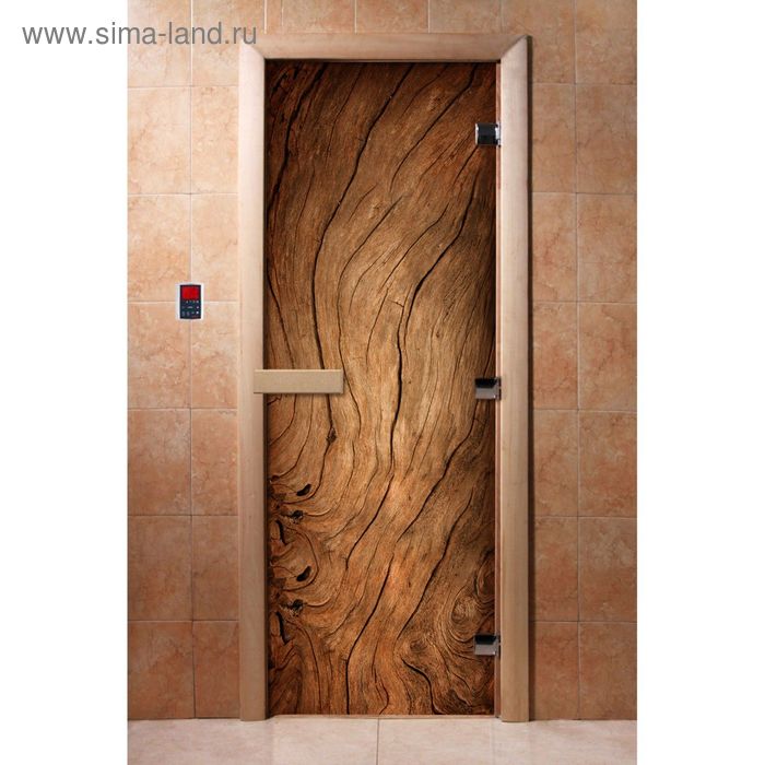 Дверь для бани и сауны «Тёмное дерево», коробка 190×70 см, стеклянная, правая, с фотопечатью - Фото 1