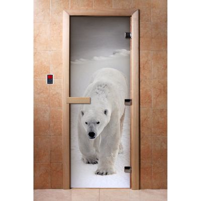 Дверь для бани и сауны «Белый мишка», коробка 190×70 см, стеклянная, правая, с фотопечатью