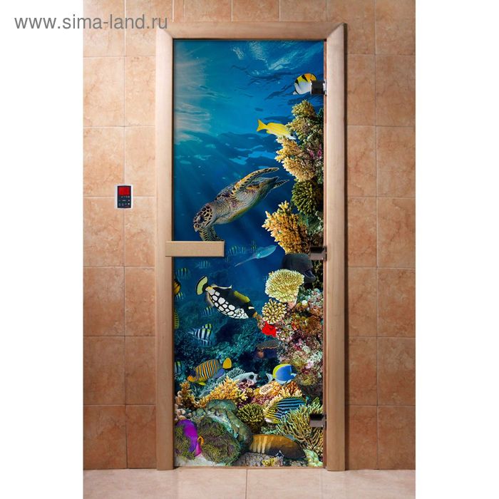 Дверь для бани и сауны «Риф», коробка 190×70 см, стеклянная, правая, с фотопечатью - Фото 1