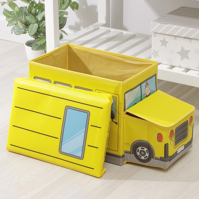 Короб стеллажный для хранения с крышкой Доляна «Школьный автобус», 55×26×32 см, 2 отделения, цвет жёлтый - фото 1906843582