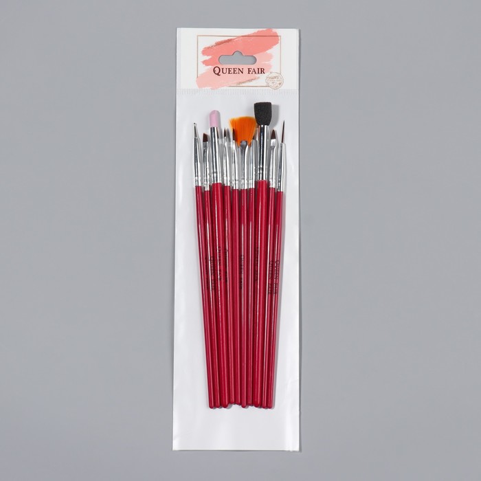 Набор кистей для наращивания и дизайна ногтей, 10 шт, 18,5 см, цвет розовый 15224