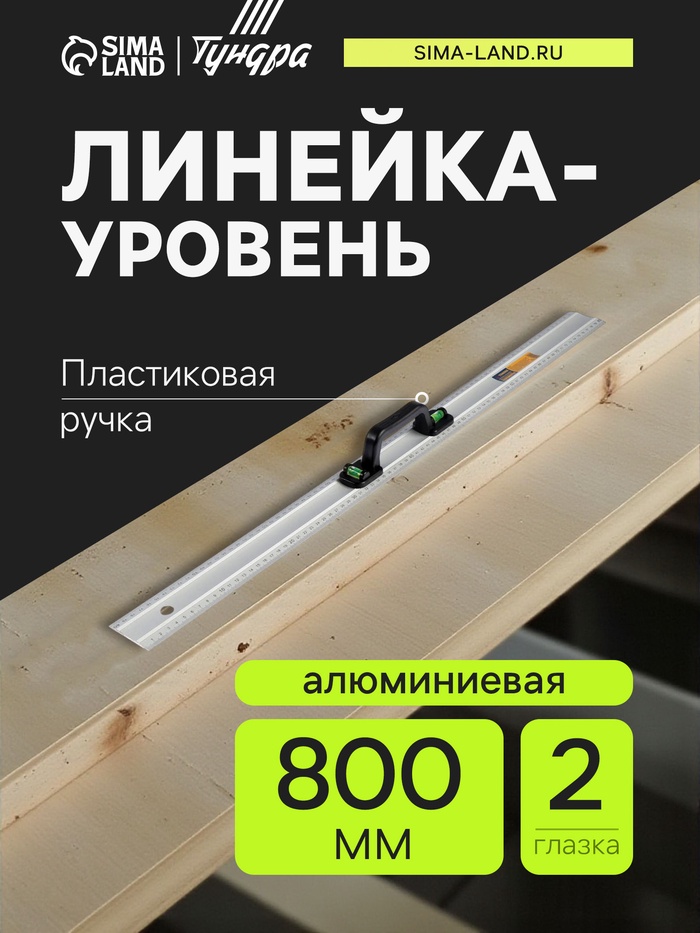Линейка-уровень ТУНДРА, металлическая, пластиковая ручка, 2 глазка, 800 мм - Фото 1