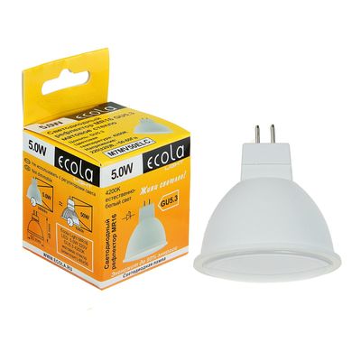 Лампа светодиодная Ecola Light, MR16, GU5.3, 5 Вт, 4200 K, 48x50 мм, матовое стекло