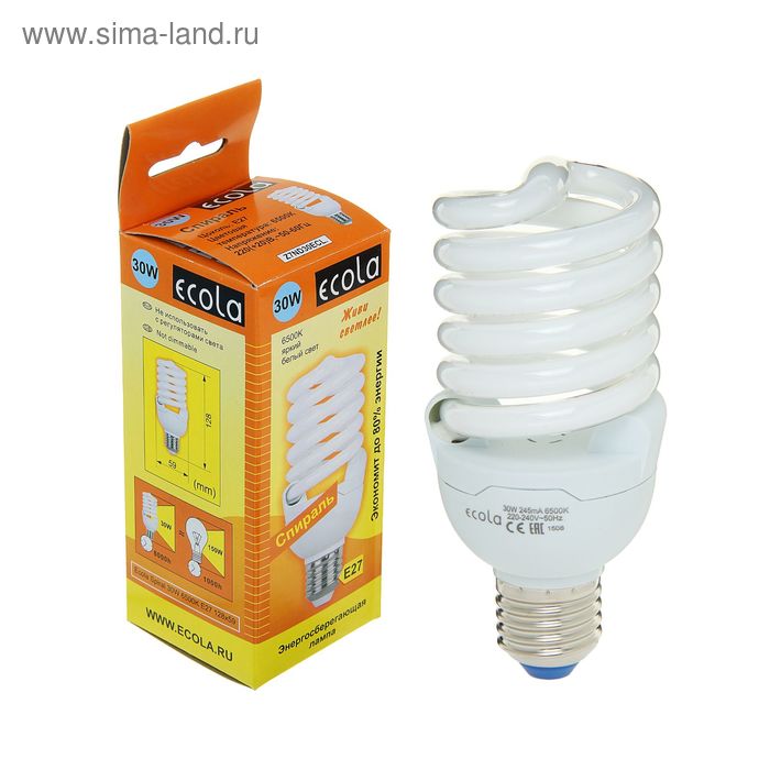 Лампа энергосберегающая Ecola Spiral, 30 Вт, E27, 6500 K, 128х59 - Фото 1