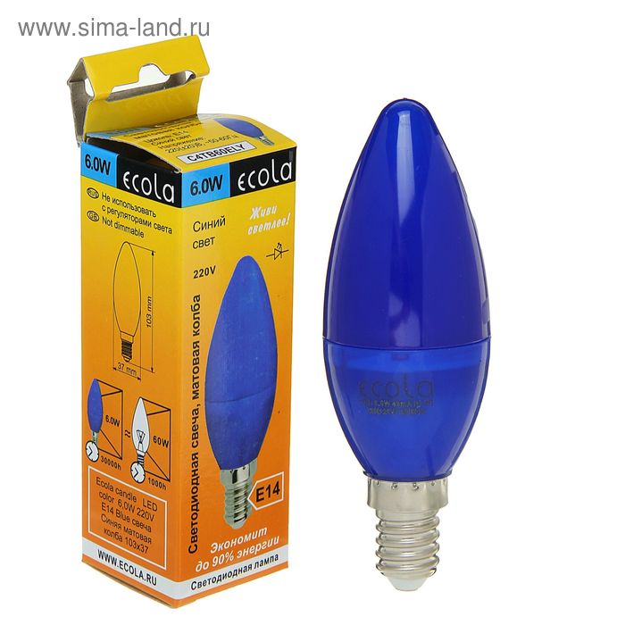 Лампа светодиодная Ecola candle, С37, 6 Вт, E14, 2700 К, 103х37, синяя - Фото 1