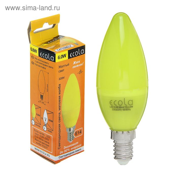 Лампа светодиодная Ecola candle, С37, 6 Вт, E14, 2700К, 103х37, желтая - Фото 1