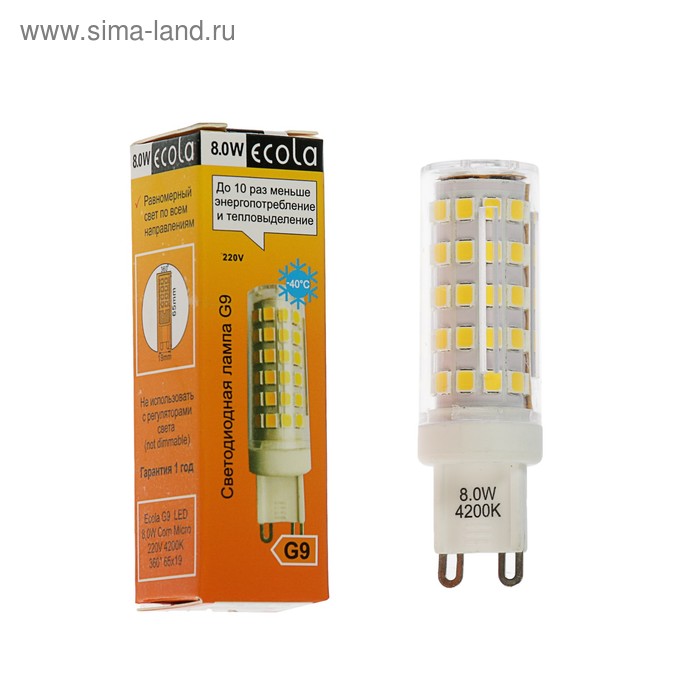 Лампа светодиодная Ecola LED Premium, G9, 8 Вт, 4200 K, 360°, 65x19 мм - Фото 1