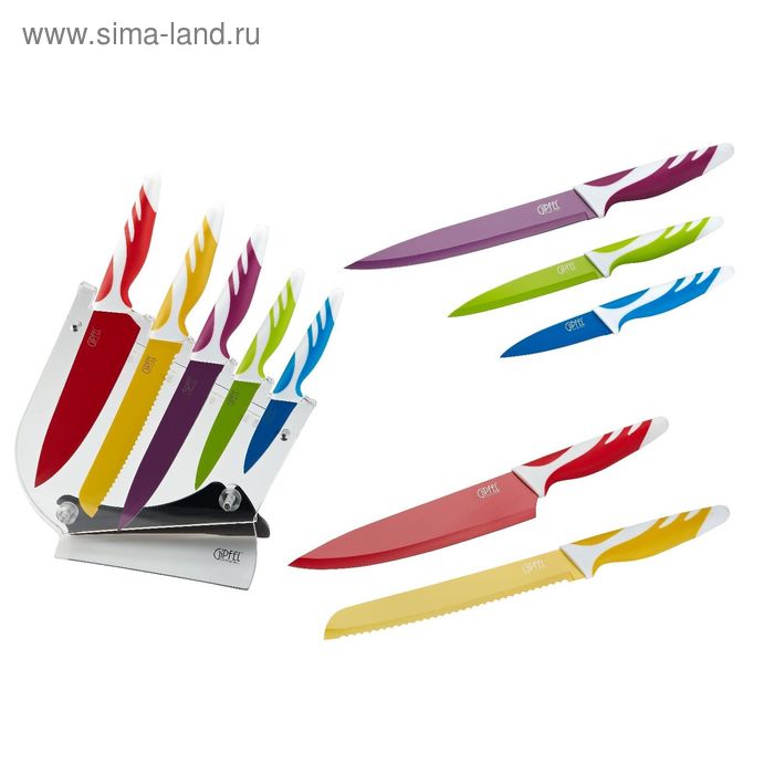 Набор ножей 6 предметов, на пластиковой подставке с защитным покрытием, пластиковая ручка - Фото 1