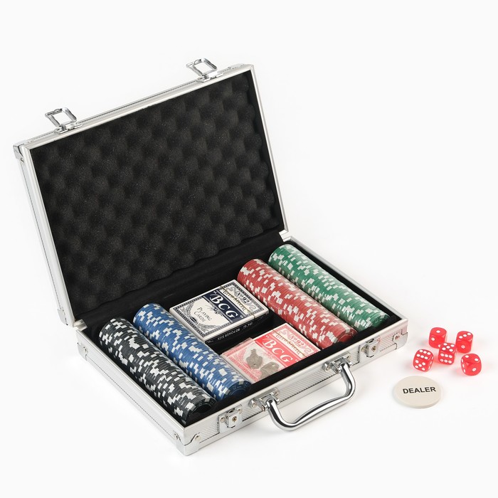 Покер в металлическом кейсе (2 колоды карт, фишки 200 шт б/номинала, 5 кубиков), 20.5 х 29 см - Фото 1