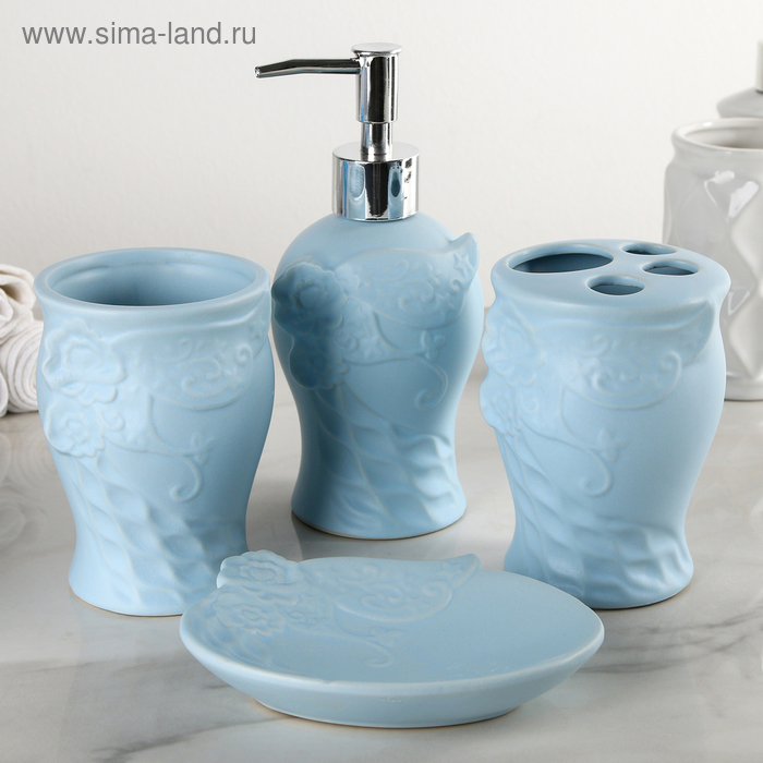 Набор аксессуаров для ванной комнаты «Цветы», 4 предмета (дозатор, мыльница, 2 стакана), цвет голубой - Фото 1