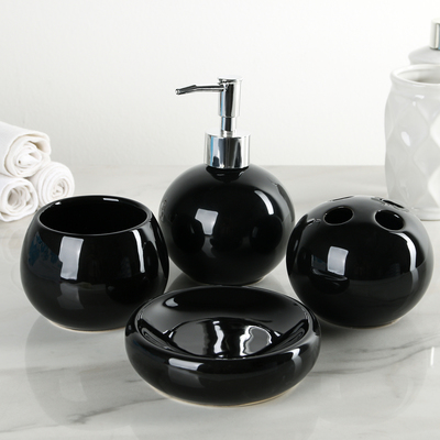 Набор для ванной «Шар», 4 предмета (дозатор, мыльница, 2 стакана), цвет чёрный