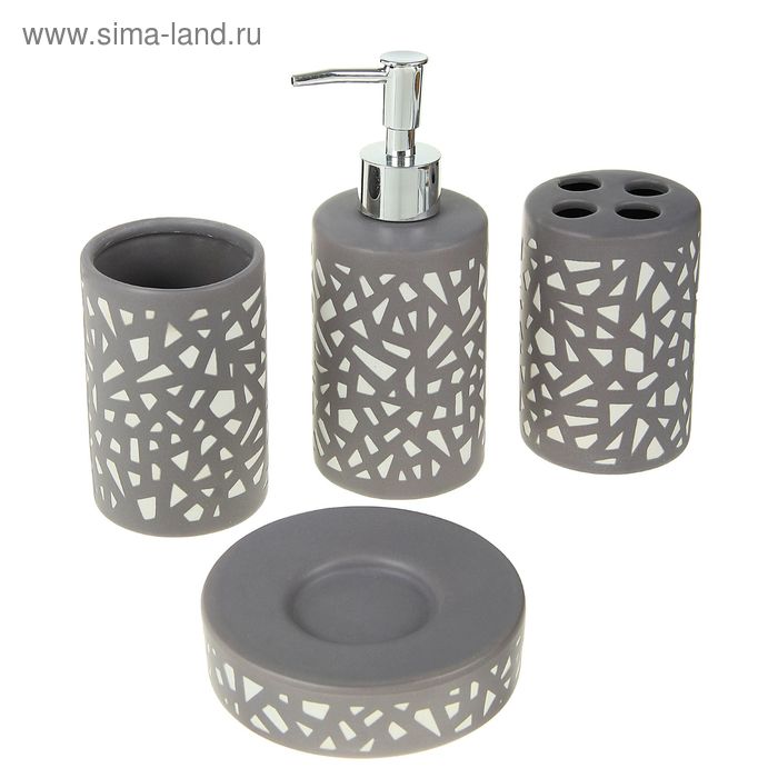 Набор аксессуаров для ванной комнаты «Арабески», 4 предмета (дозатор, мыльница, 2 стакана), цвет серый - Фото 1