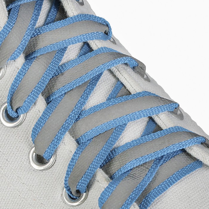 Шнурки для обуви, плоские, со светоотражающей полосой, 10 мм, 100 см, пара, цвет голубой - Фото 1