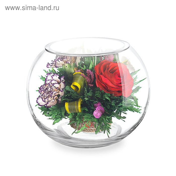 49613 красные розы и королевские орхидеи с фиолетово-белыми диантусами, малая круглая, 49613   21745 - Фото 1