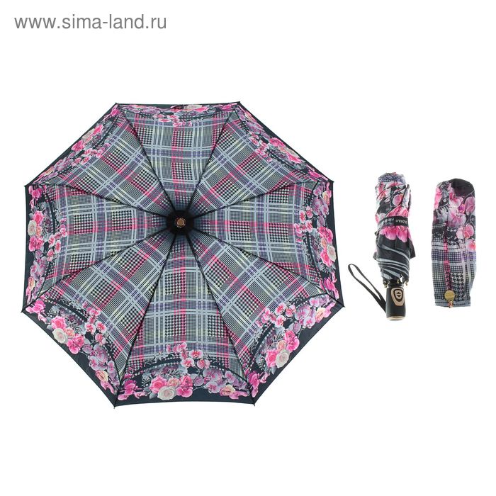 Зонт автоматический "Клетка и цветы", облегчённый, R=52,5см, цвет фиолетово-розовый - Фото 1