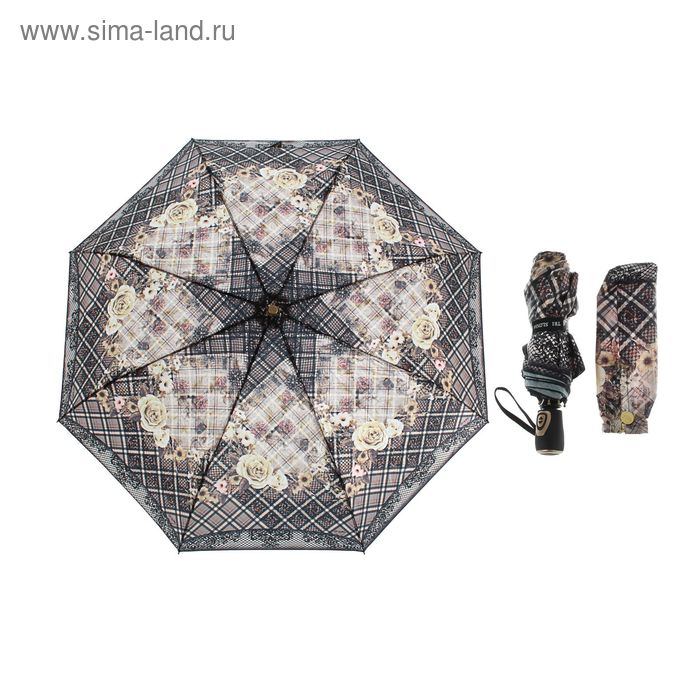 Зонт автоматический "Клетка и цветы", облегчённый, R=53см, цвет серый - Фото 1