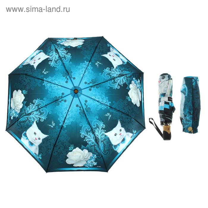 Зонт автоматический "Кошка и цветы", R=54см, цвет синий - Фото 1