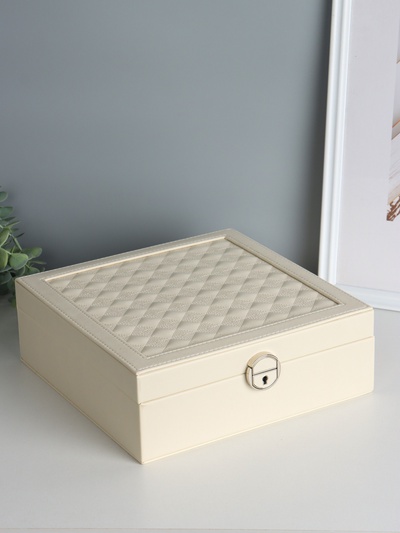 Шкатулка для часов 2 отделения и украшений «Ромбы белые», кожзам, матовая, 8.5×25×25 см