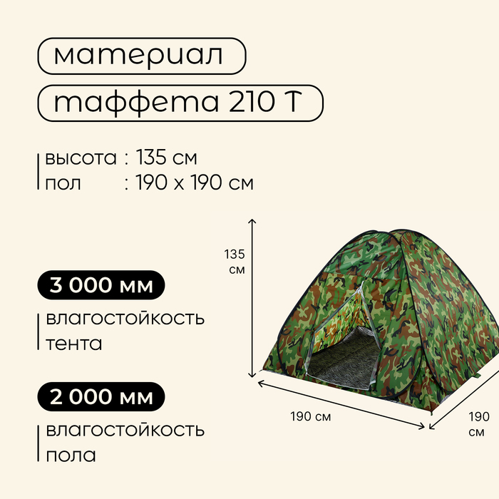 Палатка самораскрывающаяся Maclay, р. 190х190х135 см, цвет хаки - фото 1905395728