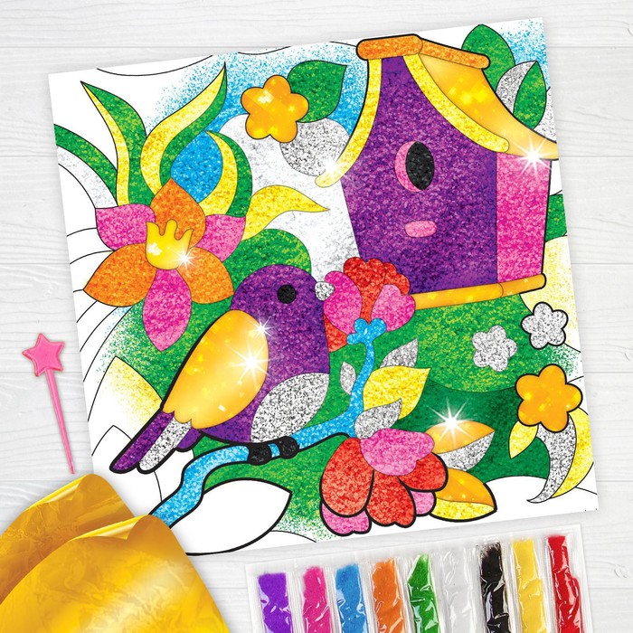 Набор для творчества. Фреска песком «Сказочный сад» + 9 цветов песка по 4 гр, блёстки, стека - фото 1908302327