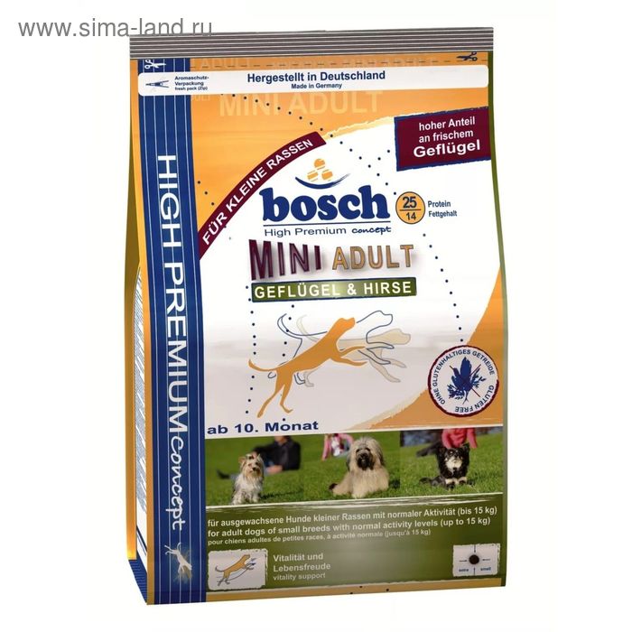 Сухой корм Bosch Mini Adult для собак мелких пород, птица/просо, 1 кг. - Фото 1