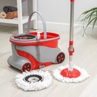 Набор для уборки: ведро на колёсиках с металлической центрифугой 15 л, швабра, запасная насадка из микрофибры, дозатор, цвет МИКС - Фото 1