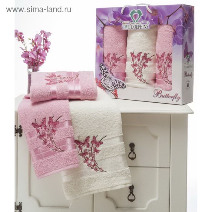 КМП с вышивкой в коробке TWO DOLPHINS (50х90 2шт, 70х140) BUТTERFLY, цв.розовый, хлопок, 460г/м   21 - Фото 1