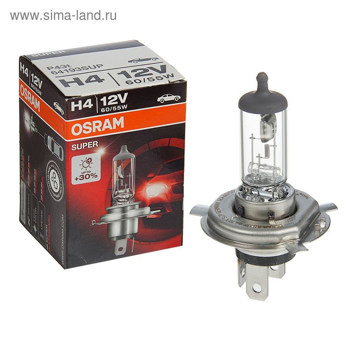 Лампа автомобильная Osram Super, H4, 12 В, 60/55 Вт, 64193SUP - Фото 1