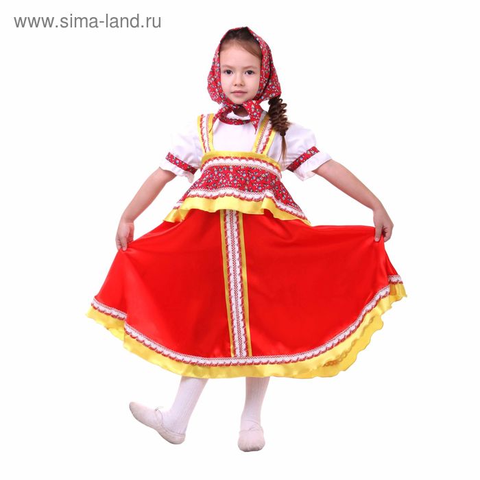 Русский народный костюм "Алёнушка", платье-сарафан, косынка, р-р 64, рост 122-128, цвет красный - Фото 1