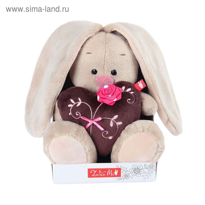 Мягкая игрушка "Зайка Ми" с коричневым сердечком с розочкой, 18 см - Фото 1