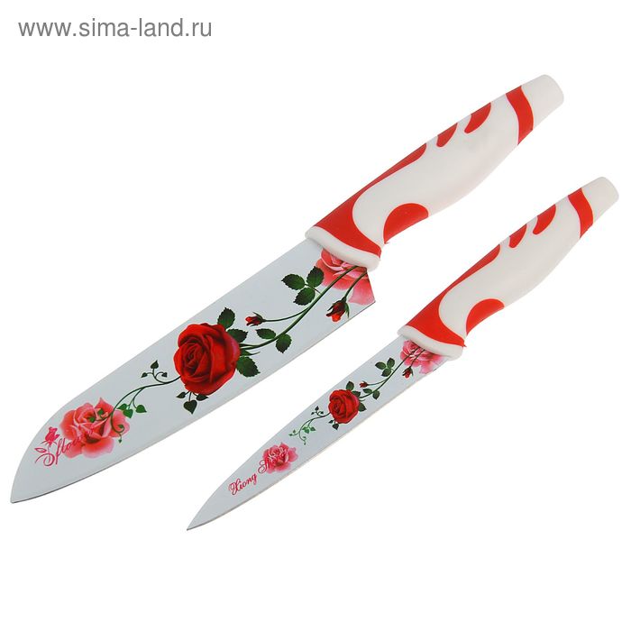 Набор ножей кухонных с антиналипающим покрытием «Роза», 2 шт: 12 см, 17 см - Фото 1