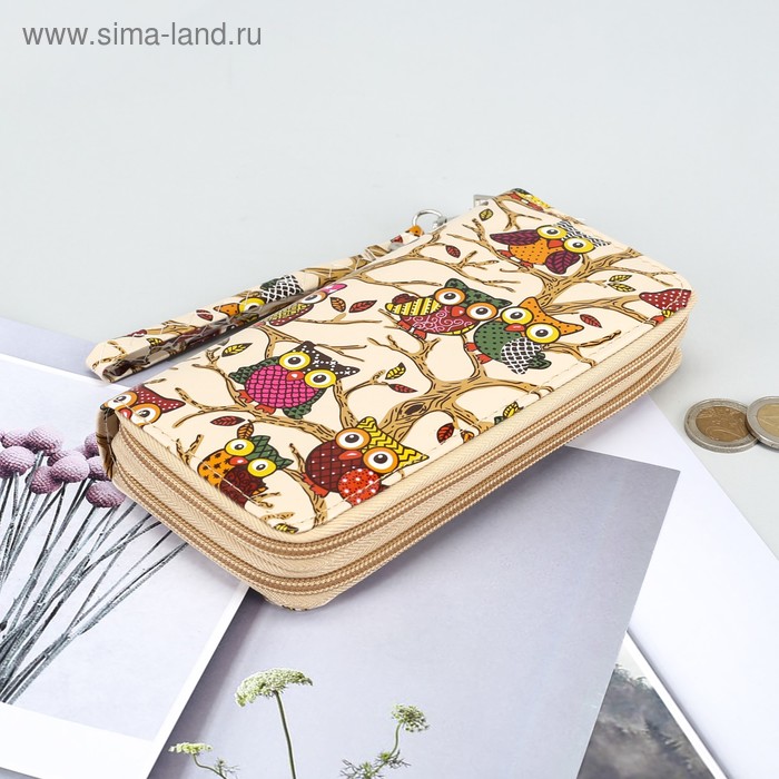 Кошелёк женский на 2-х молниях, 4 отдела, с ручкой, цвет бежевый - Фото 1