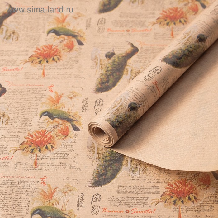 Бумага упаковочная крафт "Птица счастья", 0.72 x 10 м, 40 гр/м2 - Фото 1