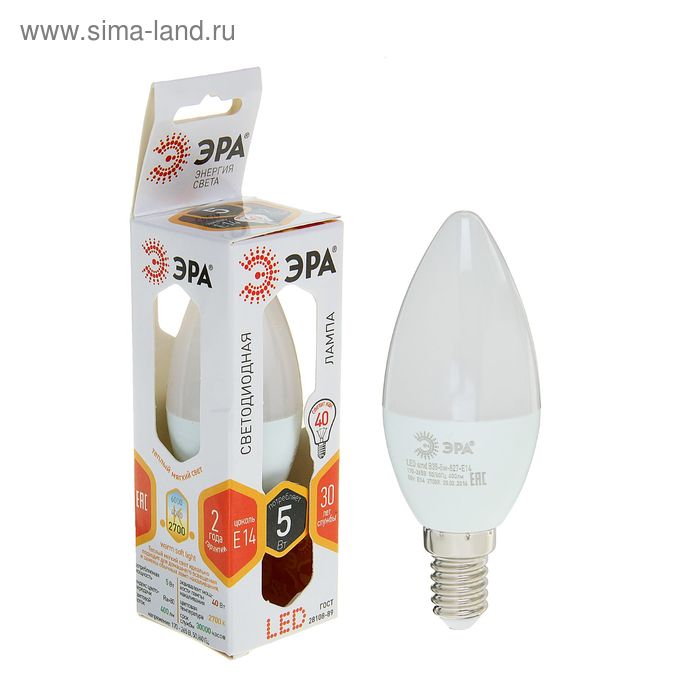 Лампа светодиодная "ЭРА", С37, 5 Вт, E14, 2700 К, теплый белый - Фото 1