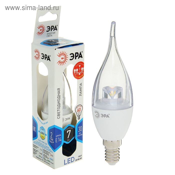 Лампа светодиодная "ЭРА", С37, 7 Вт, E14, 4000 К, дневной белый, прозрачная - Фото 1