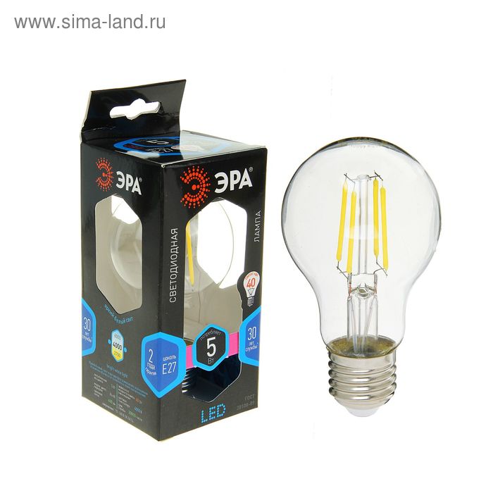 Лампа светодиодная ЭРА, FIL, А60, 5 Вт, 4000 К, E27 - Фото 1