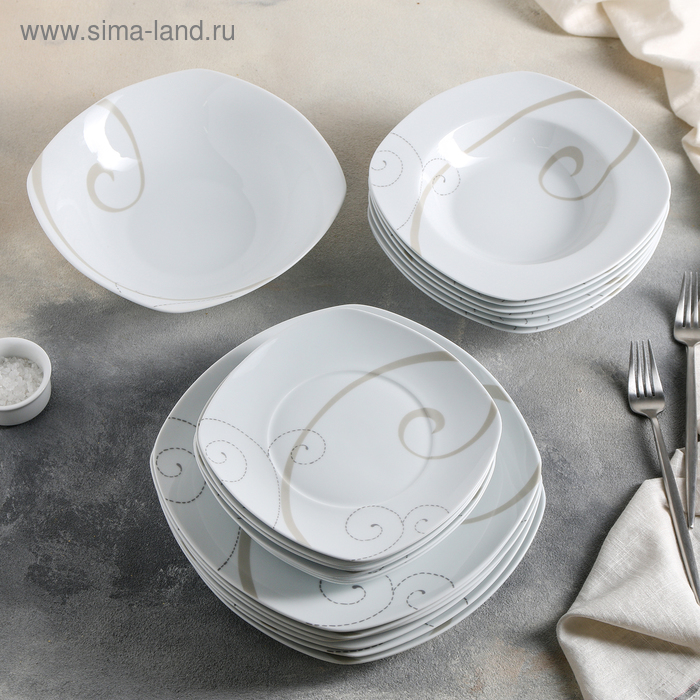 Сервиз столовый Caress Modern, 19 предметов: тарелка десертная 6 шт, тарелка обеденная 6 шт, тарелка глубокая для супа 6 шт, салатник 1 шт - Фото 1