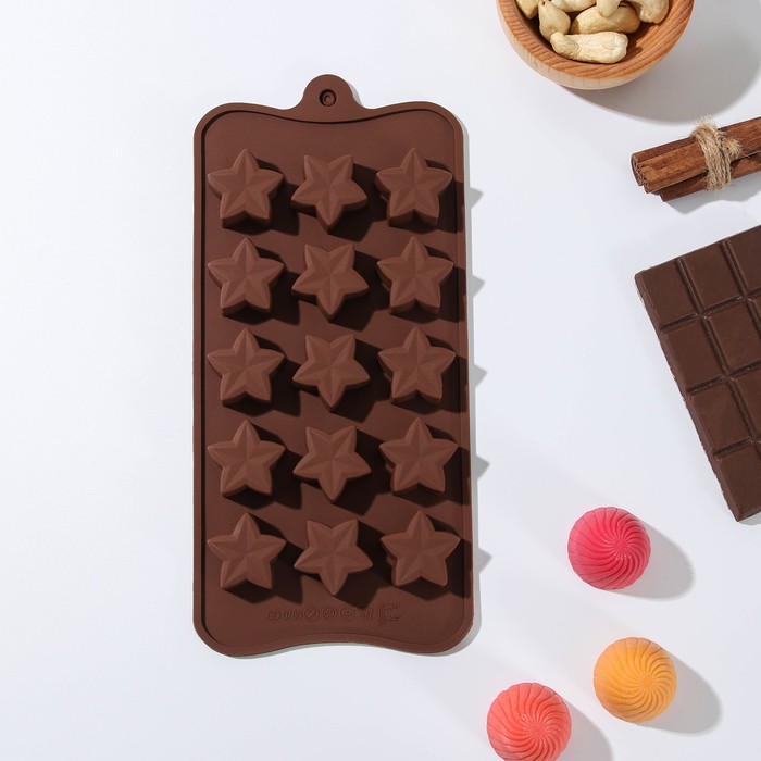 Форма для шоколада Доляна «Звездочёт», силикон, 20,5×10,5×1,5 см, 15 ячеек, цвет коричневый - Фото 1