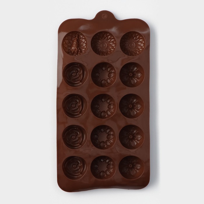 Форма для шоколада Доляна «Клумба цветов», силикон, 20,5×10,5×1,5 см, 15 ячеек, цвет коричневый - фото 1909776399