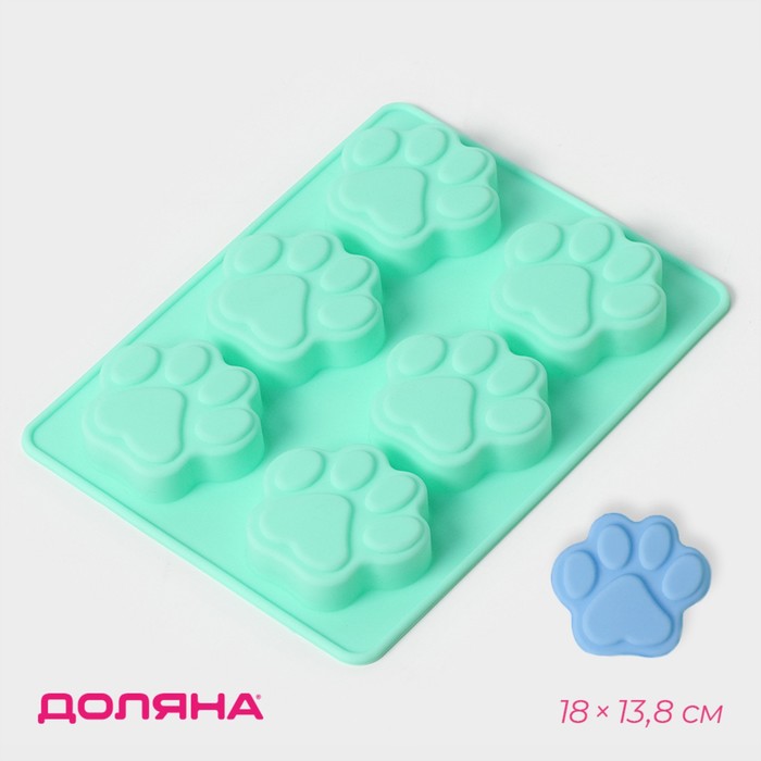 Форма для выпечки Доляна «Животные.Лапка», силикон, 18×13.8 см, 6 ячеек (5×5.4 см), бирюзовая - Фото 1