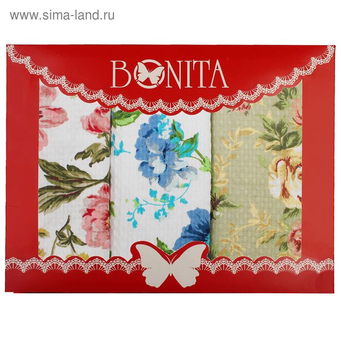Подарочный набор вафельных полотенец Bonita Английская коллекция 44х60 3шт, 120г/м, хл100% - Фото 1