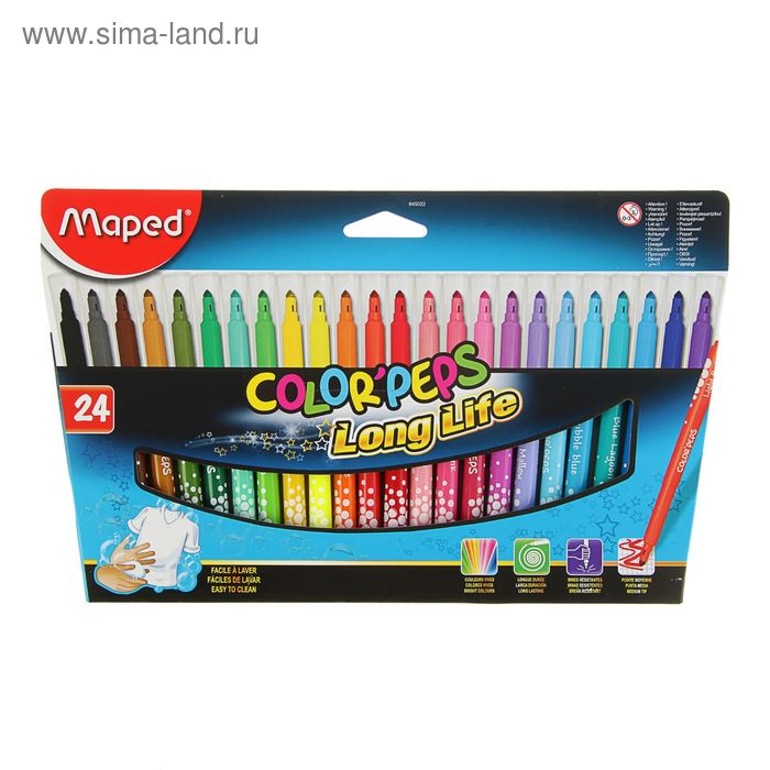 Фломастеры 24 цвета, Maped Color Peps, суперсмываемые, заблокированный пишущий узел - Фото 1