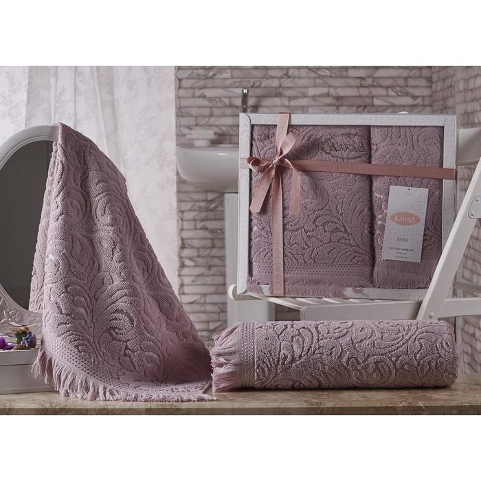 Комплект махровых полотенец Esra, размер 50х90 - 1 шт, 70х140 - 1 шт, цвет грязно-розовый - Фото 1